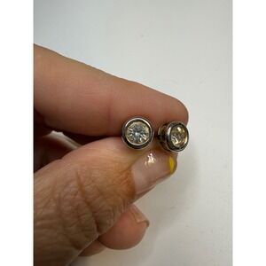 Silver Tone Bezel Set Clear Crystal Round Stud Earrings Minimalist Sparkle